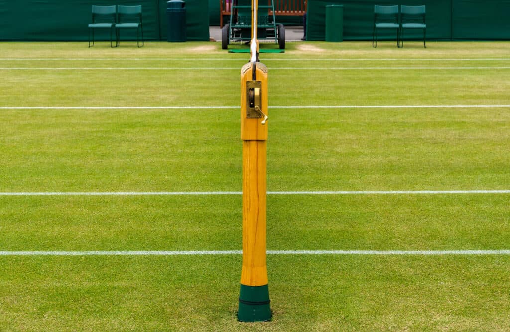 picture of net post on grass tennis court